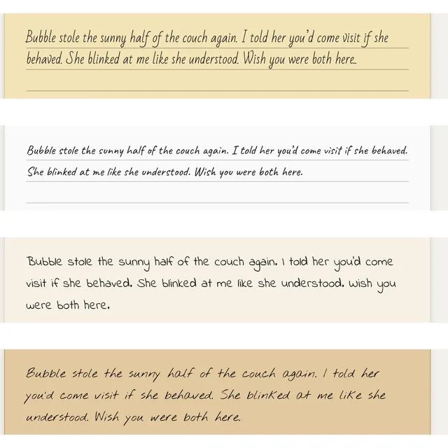 Opened letters on four letter-paper styles stacked vertically